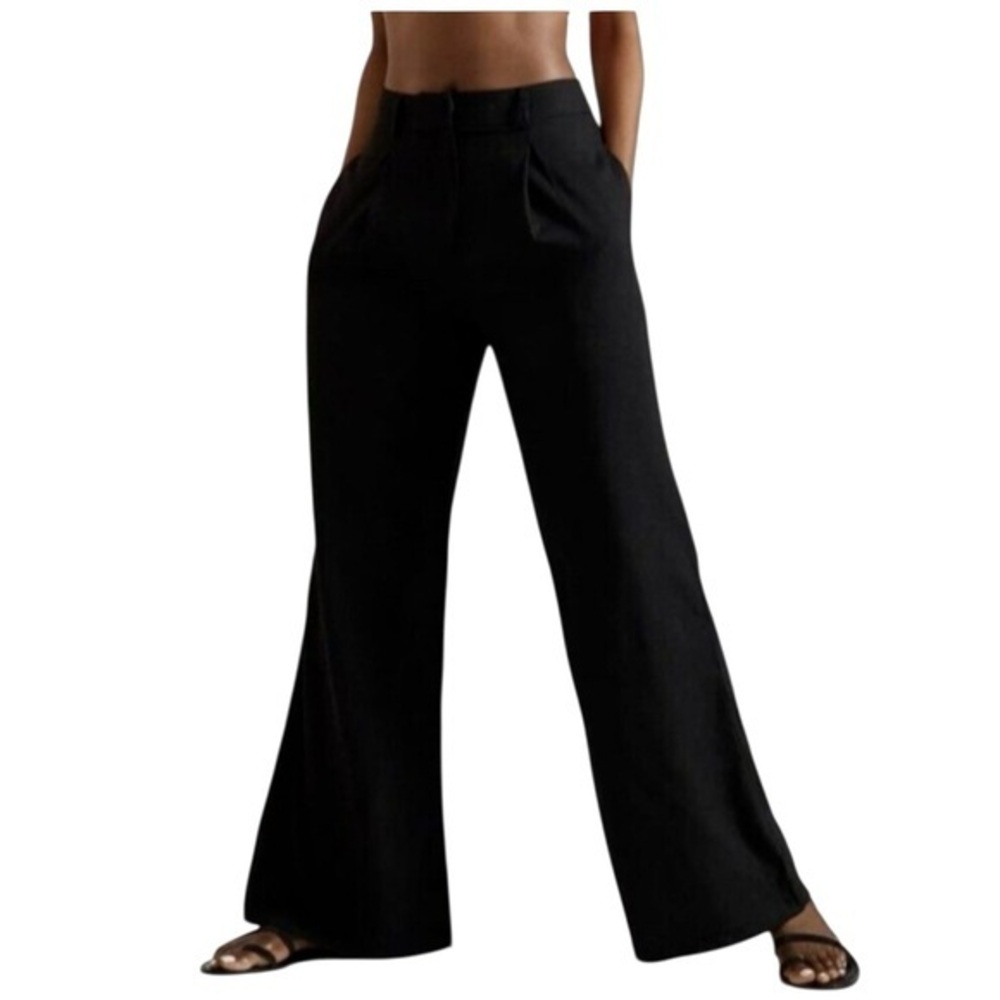 by Anthropologie Black Wide Leg Linen Blend Pleated Pants Size 6